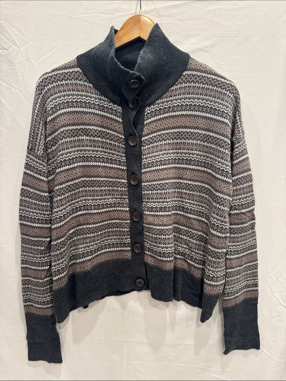Kensie Gray and Brown Striped Button-Up Cardigan L Cotton-Blend Mock Neck